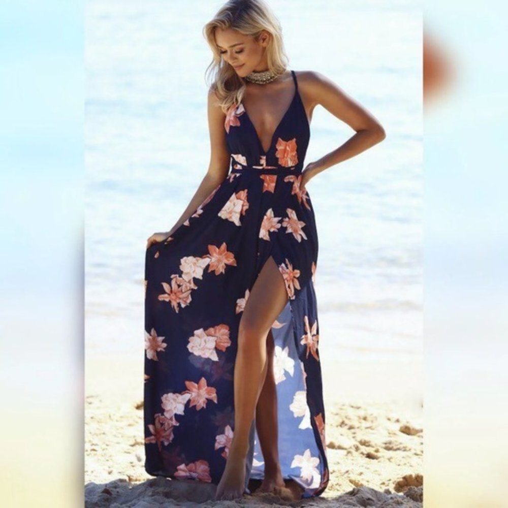 Hello Molly Maxi Halter Floral Strappy Dress Navy Small